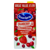 The Ocean Spray - Cranberry & Strawberry Juice - 1L package showcases its price next to lively images of strawberries and cranberries. This invigorating beverage is rich in Vitamin C and antioxidants, offering a deliciously healthy option.